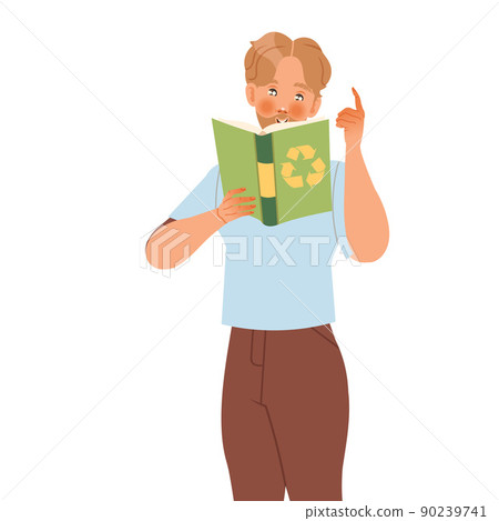 Young Bearded Man Character with Recycle Book Caring about Planet and Saving Ecosystem Vector Illustration Young Bearded Man Character with Recycle Book Caring about Planet and Saving Ecosystem Vector Illustration 90239741