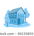 Winter landscape. House surrounded by trees 90239850
