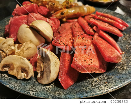 Platter of Japanese Yakiniku meat set consists of Wagyu mabled meat, mushrooms, tiger prawns beef tongues Platter of Japanese Yakiniku meat set consists of Wagyu mabled meat, mushrooms, tiger prawns beef tongues 90239883