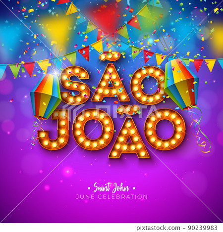 Festa Junina Illustration with Party Flags, Paper Lantern and Light Bulb Billboard Sao Joao Lettering on Violet Background. Vector Brazil June Festival Design for Greeting Card, Banner or Poster. Festa Junina Illustration with Party Flags, Paper Lantern and Light Bulb Billboard Sao Joao Lettering on Violet Background. Vector Brazil June Festival Design for Greeting Card, Banner or Poster. 90239983