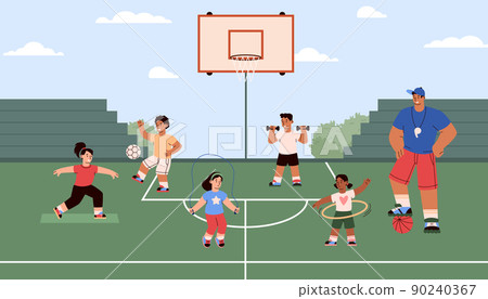 Children physically train, vector flat illustration. Man plays with a ball, plays sports. Children physically train, vector flat illustration. Man plays with a ball, plays sports. 90240367