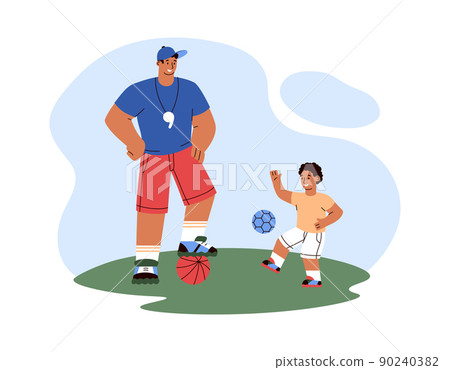 Child boy training football with coach, flat vector illustration isolated. 90240382