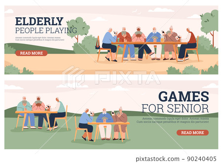Set of website banners about elderly people playing cards outdoor flat style 90240405