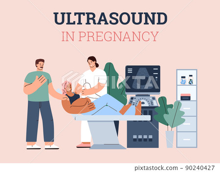 Ultrasound checkup in pregnancy banner, flat vector illustration isolated. 90240427