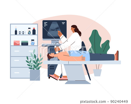 Ultrasonic diagnosis of thyroid gland, endocrinologist checks mans neck, flat vector illustration on white background. 90240449