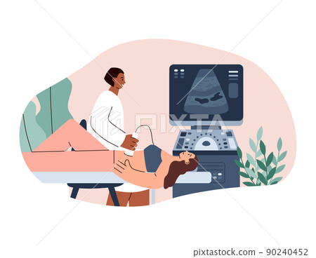 Woman doctor character making abdominal ultrasound for young girl flat style 90240452
