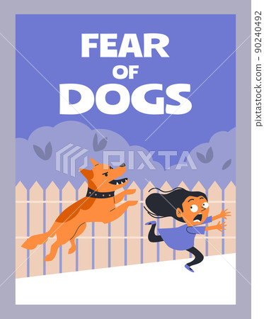 Kids fear of dogs banner or card template, flat cartoon vector illustration. 90240492