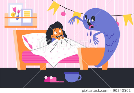 Child cannot sleep because she afraid of monsters, flat vector illustration. Child cannot sleep because she afraid of monsters, flat vector illustration. 90240501