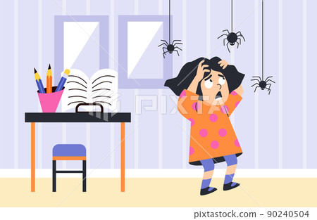 Girl is afraid of spiders, cute child screams of fear, flat vector illustration. 90240504