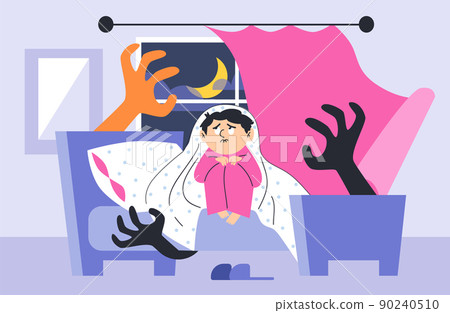Frightened boy sits under the blanket at night and afraids of monsters, flat vector illustration. Frightened boy sits under the blanket at night and afraids of monsters, flat vector illustration. 90240510
