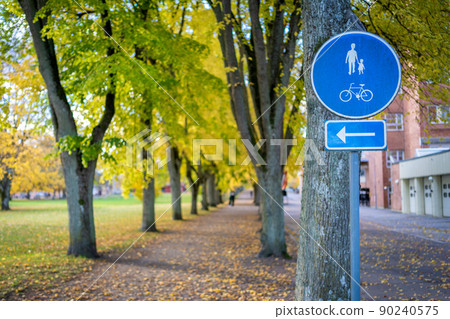 bike path sign in city park. Alerting pedestrians about the movement of cyclists. Cycling infrastructure. 90240575