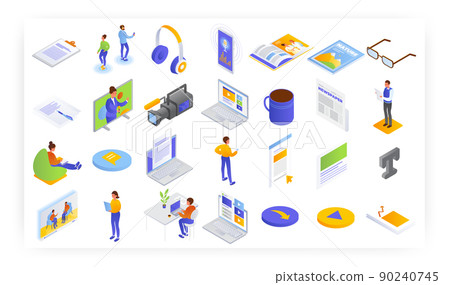 Broadcast and print journalism, vector isometric icon set. Radio and television broadcasting. Press media. Polygraphy. 90240745