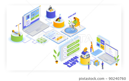 Online shopping. Woman buying groceries, clothing, adding favorite things to wish list, vector isometric illustration. 90240760