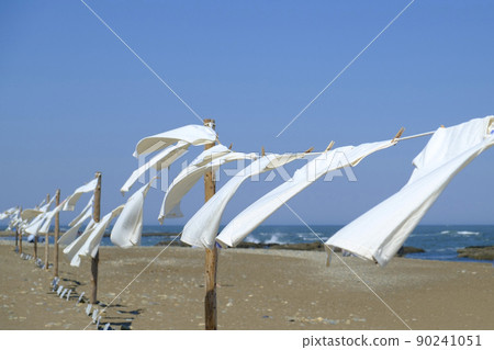 T-shirt fluttering in the wind on the beach in summer T-shirt fluttering in the wind on the beach in summer 90241051