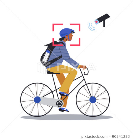 CCTV or surveillance video camera filming man driving bicycle, flat vector illustration isolated on white background. 90241223
