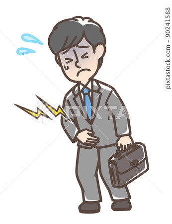 A man in a suit that seems to hurt his stomach A man in a suit that seems to hurt his stomach 90241588