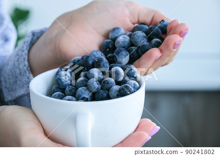 Woman holding bowl with Frozen blueberry fruits. Harvesting concept. Female hands collecting berries. Healthy eating concept. Stocking up berries for winter Vegetarian vegan food 90241802