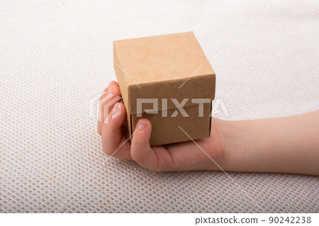 Hand holding cardboard box on a white background Hand holding cardboard box on a white background 90242238