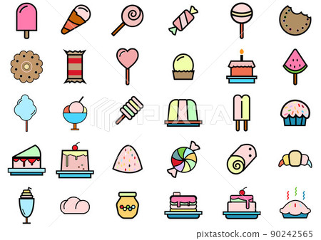 Food and dessert icons collection set.Included icons such as meat,desserts,fruits and breakfast burger with sausage,ice cream on stick.Vector meal and food concept. 90242565