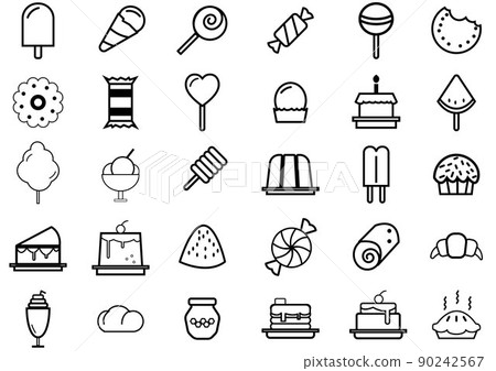 Food and dessert icons collection set.Included icons such as meat,desserts,fruits and breakfast burger with sausage,ice cream on stick.Vector meal and food concept. 90242567