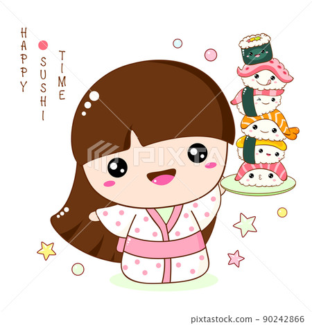 Cute smiling little girl with stack of kawaii sushi and rolls. Japanese traditional cuisine dishes Cute smiling little girl with stack of kawaii sushi and rolls. Japanese traditional cuisine dishes 90242866