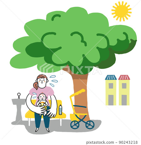 母嬰在樹蔭下的長凳上補水，避免陽光照射插圖素材 90243218