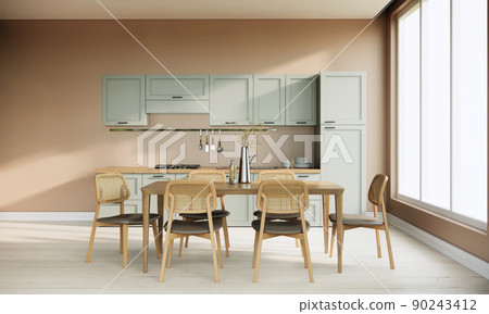 interior of modern japandi kitchen and dining room, comtemporary apartment ideas, 3d rendering interior of modern japandi kitchen and dining room, comtemporary apartment ideas, 3d rendering 90243412