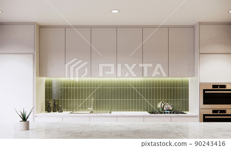 modern white kitchen style, room interior design with close-up marble table. modern apartment ideas. 3D rendering modern white kitchen style, room interior design with close-up marble table. modern apartment ideas. 3D rendering 90243416