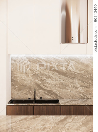 modern japandi style kitchen interior design with marble table. modern apartment ideas. 3D rendering vertical background 90243440