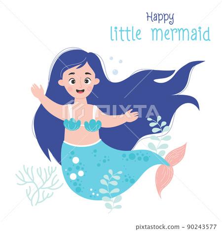 Cute happy little mermaid with seaweed. Vector illustration. Mythological female character for design, decor, postcards, decoration and print. 90243577