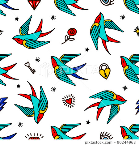 pattern with swallows in old-school tattoo style 90244968