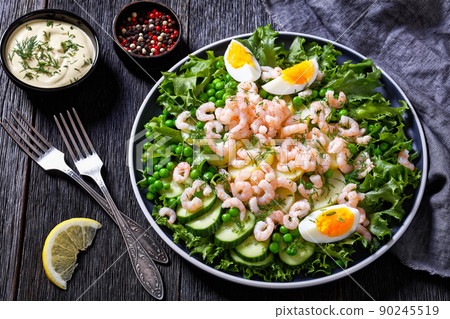 pink cocktail shrimps salad with veggies and eggs pink cocktail shrimps salad with veggies and eggs 90245519