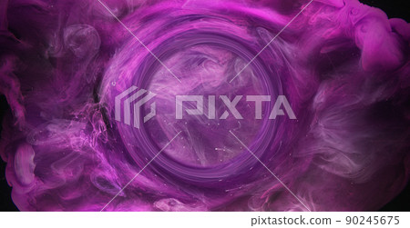 Ink water splash. Vapor cloud motion round portal. Logo reveal effect. Purple white color dye flow on dark black abstract art background shot on Red Cinema camera 6k. 90245675