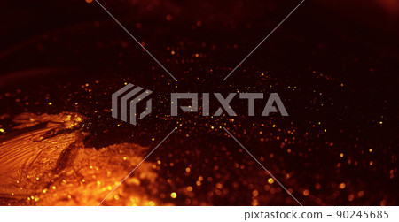 Floating paint. Acrylic ink mix. Fantasy stream. Orange glitter fluid spill motion. Abstract art background shot on RED Cinema camera. 90245685