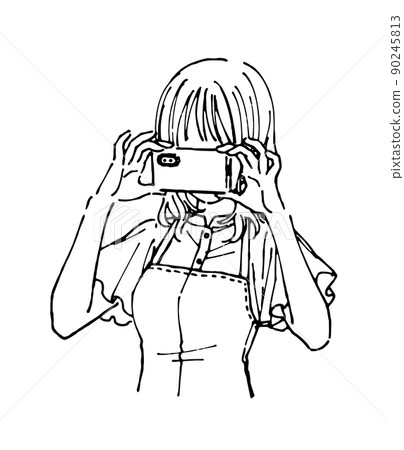 用智能手機拍照的年輕女人時尚人物線條畫 90245813