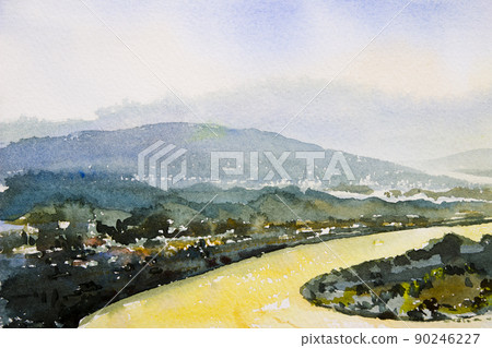 Watercolor landscape paintings of Mekong River, mountain natural. Watercolor landscape paintings of Mekong River, mountain natural. 90246227