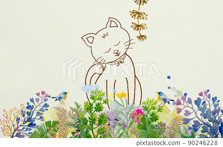 Watercolor paintings fantasy vintage style art floral cat and bird leaves with wildflower garden. 90246228
