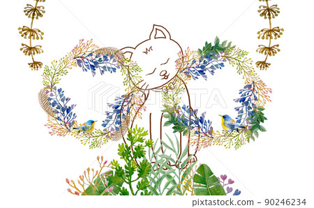 Watercolor paintings couple bird and cat floral with wildflower garden, whtie background. 90246234