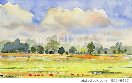 Watercolor landscape painting panorama colorful of natural beauty. Watercolor landscape painting panorama colorful of natural beauty. 90246452