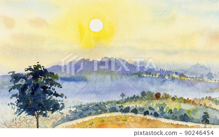 Watercolor landscape painting panorama colorful of natural beauty. Watercolor landscape painting panorama colorful of natural beauty. 90246454