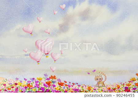 Watercolor painting colorful pink heart hot air balloon with cat Watercolor painting colorful pink heart hot air balloon with cat 90246455