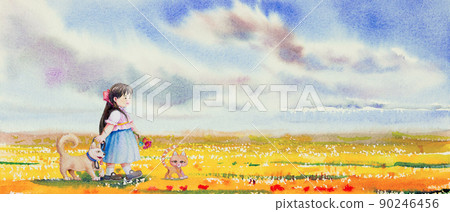 Beautiful little girl with her dog cat on the garden in spring. Beautiful little girl with her dog cat on the garden in spring. 90246456