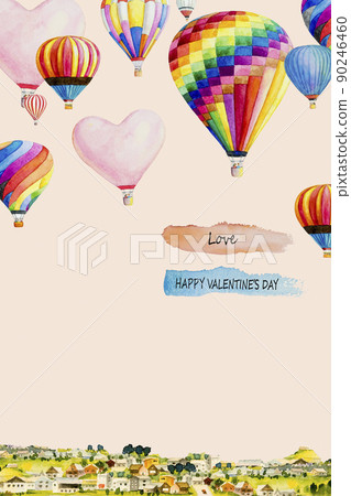Watercolor landscape painting of hot air balloon on village. Watercolor landscape painting of hot air balloon on village. 90246460