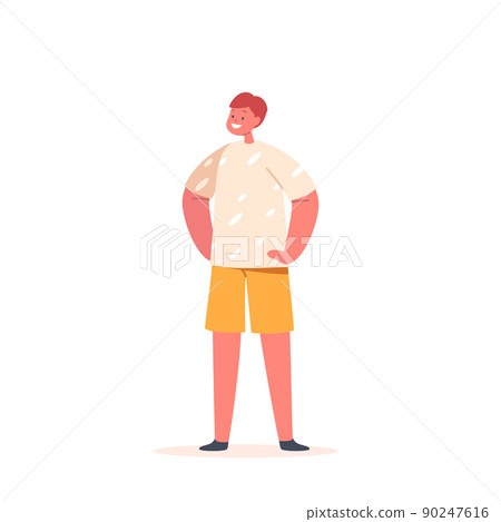 Happy Little Boy Wear T-shirt and Shorts Stand with Arms Akimbo. Child Character Smiling. Happy Emotion, Kid Positivity Happy Little Boy Wear T-shirt and Shorts Stand with Arms Akimbo. Child Character Smiling. Happy Emotion, Kid Positivity 90247616