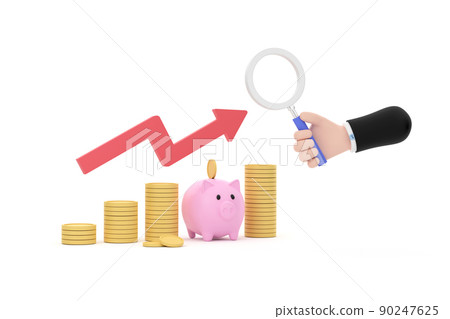 hand holding magnifying glass and piggy bank and coins concept saving money. Investment finance business. hand holding magnifying glass and piggy bank and coins concept saving money. Investment finance business. 90247625