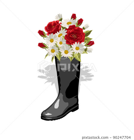Rubber boot with a bouquet of flowers. Vector... - Stock Illustration ...