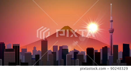 摩天大樓大城市富士山背景素材 90248329
