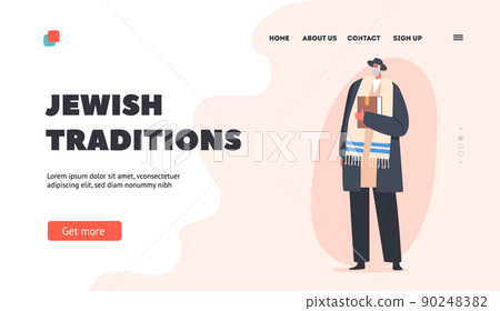 Jewish Traditions Landing Page Template. Senior Man wear National Clothes and Hat Holding Torah Book, Orthodox Jew 90248382