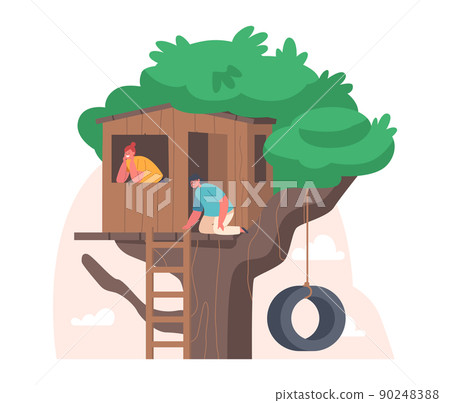 Little Children Sit on Tree House at Home Yard. Characters Playing on Child Playground, Treehouse with Wooden Ladder Little Children Sit on Tree House at Home Yard. Characters Playing on Child Playground, Treehouse with Wooden Ladder 90248388