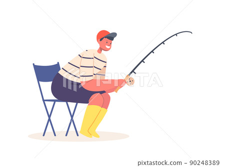 Little Boy Fishing with Rod Sitting on Chair Isolated on White Background. Child Fisherman Fun on Pond, Kid Summer Hobby Little Boy Fishing with Rod Sitting on Chair Isolated on White Background. Child Fisherman Fun on Pond, Kid Summer Hobby 90248389